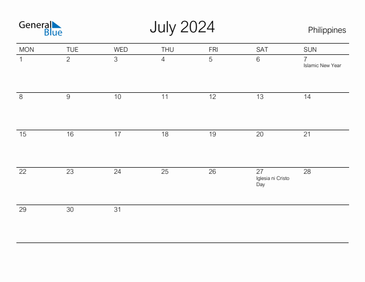 Printable July 2024 Monthly Calendar with Holidays for Philippines