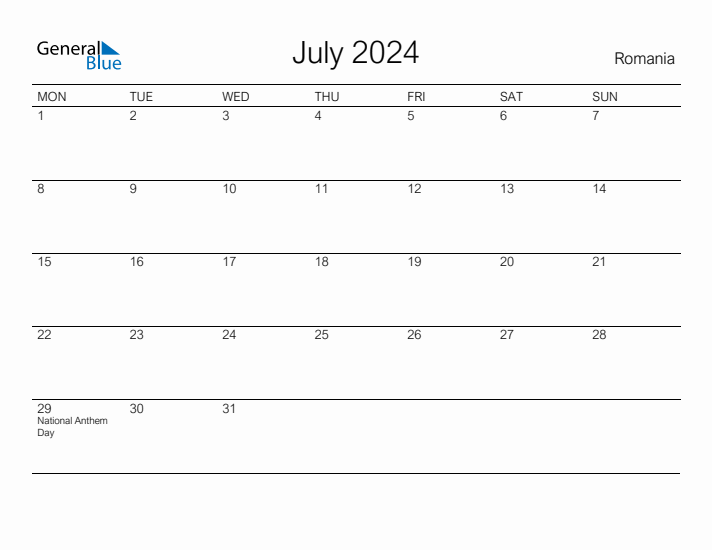 Printable July 2024 Calendar for Romania