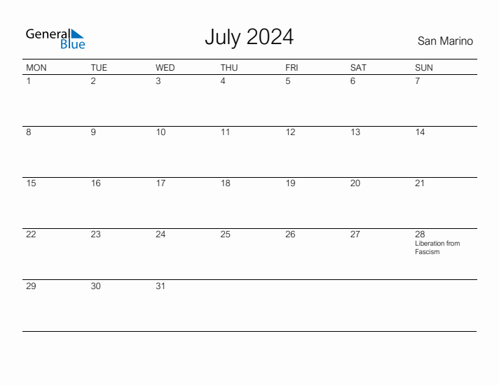 Printable July 2024 Calendar for San Marino