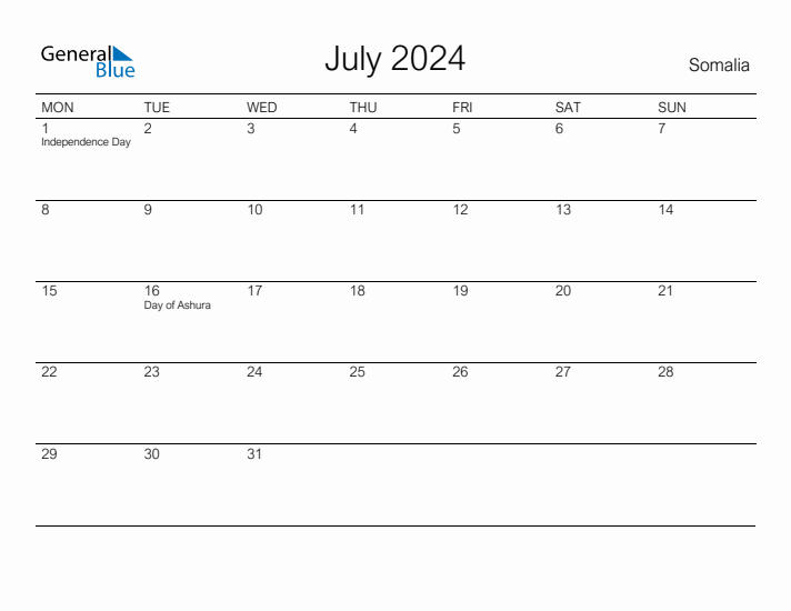 Printable July 2024 Calendar for Somalia