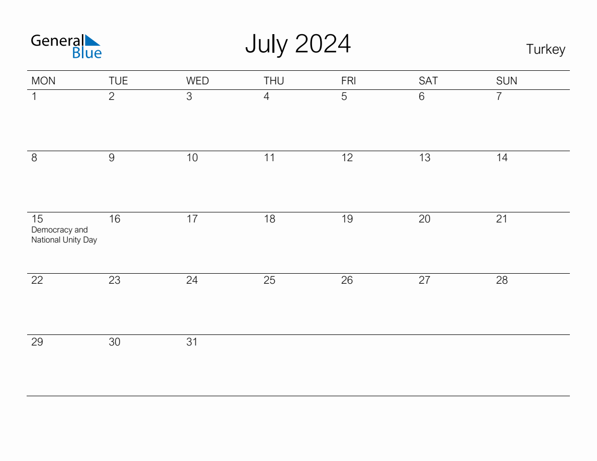 Printable July 2024 Monthly Calendar with Holidays for Turkey