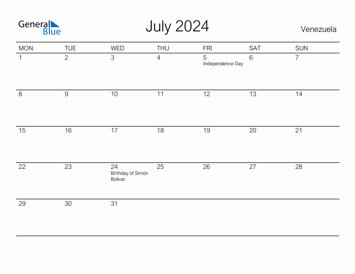Printable July 2024 Calendar for Venezuela