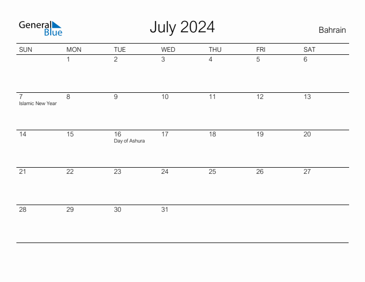 Printable July 2024 Calendar for Bahrain