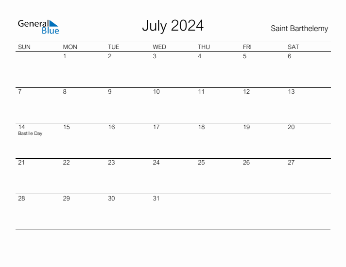 Printable July 2024 Calendar for Saint Barthelemy