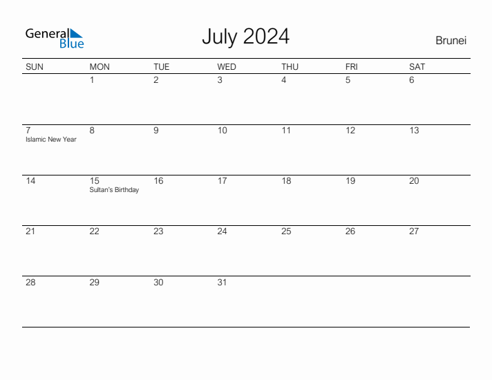 Printable July 2024 Calendar for Brunei