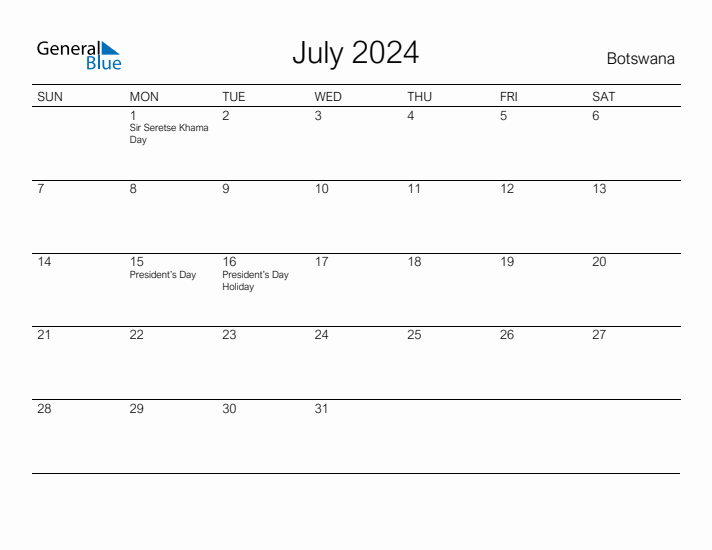 Printable July 2024 Calendar for Botswana