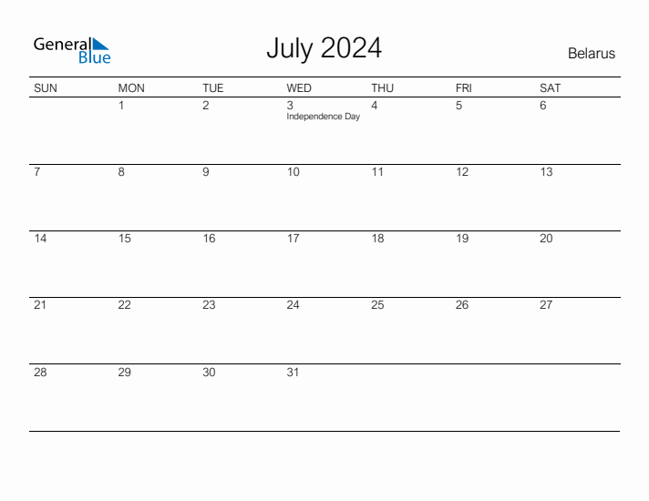 Printable July 2024 Calendar for Belarus