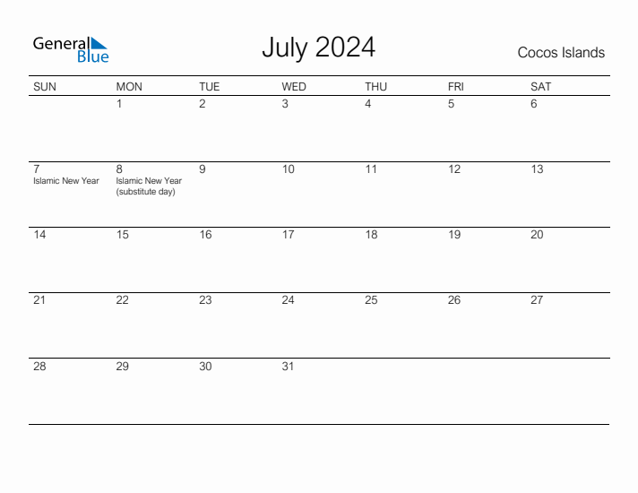 Printable July 2024 Calendar for Cocos Islands