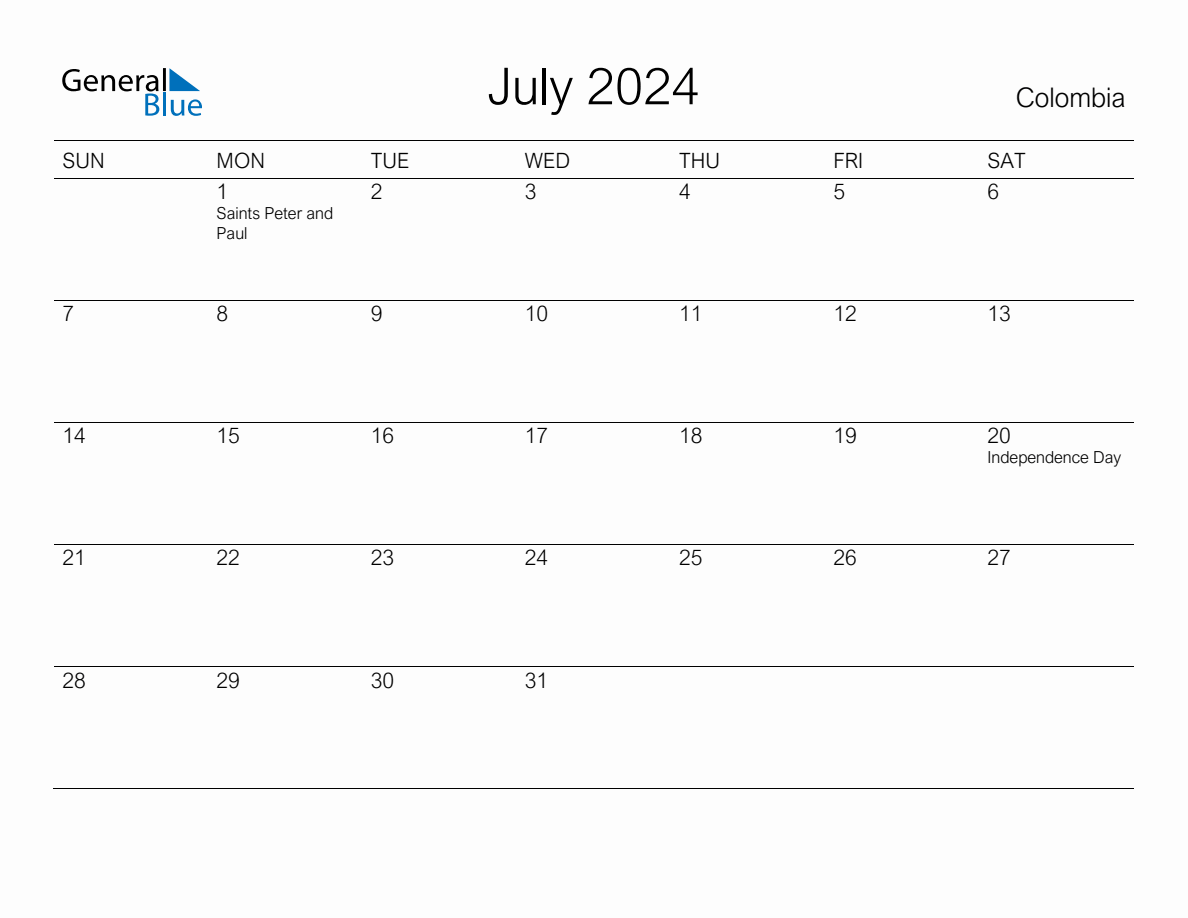 Printable July 2024 Monthly Calendar with Holidays for Colombia