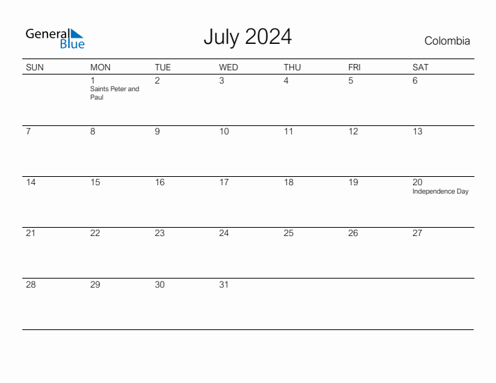 Printable July 2024 Calendar for Colombia