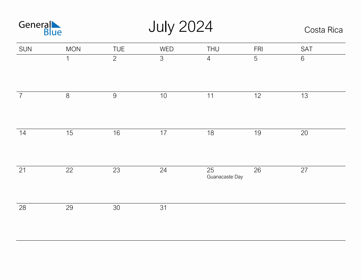 Printable July 2024 Monthly Calendar with Holidays for Costa Rica