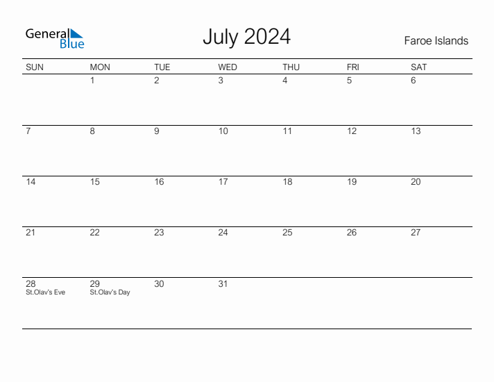 Printable July 2024 Calendar for Faroe Islands