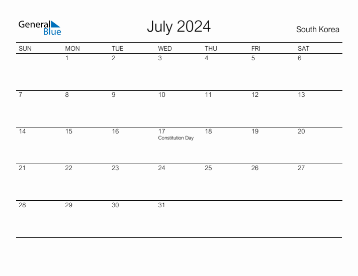 Printable July 2024 Calendar for South Korea