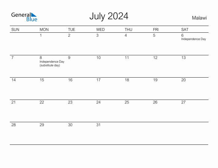 Printable July 2024 Calendar for Malawi