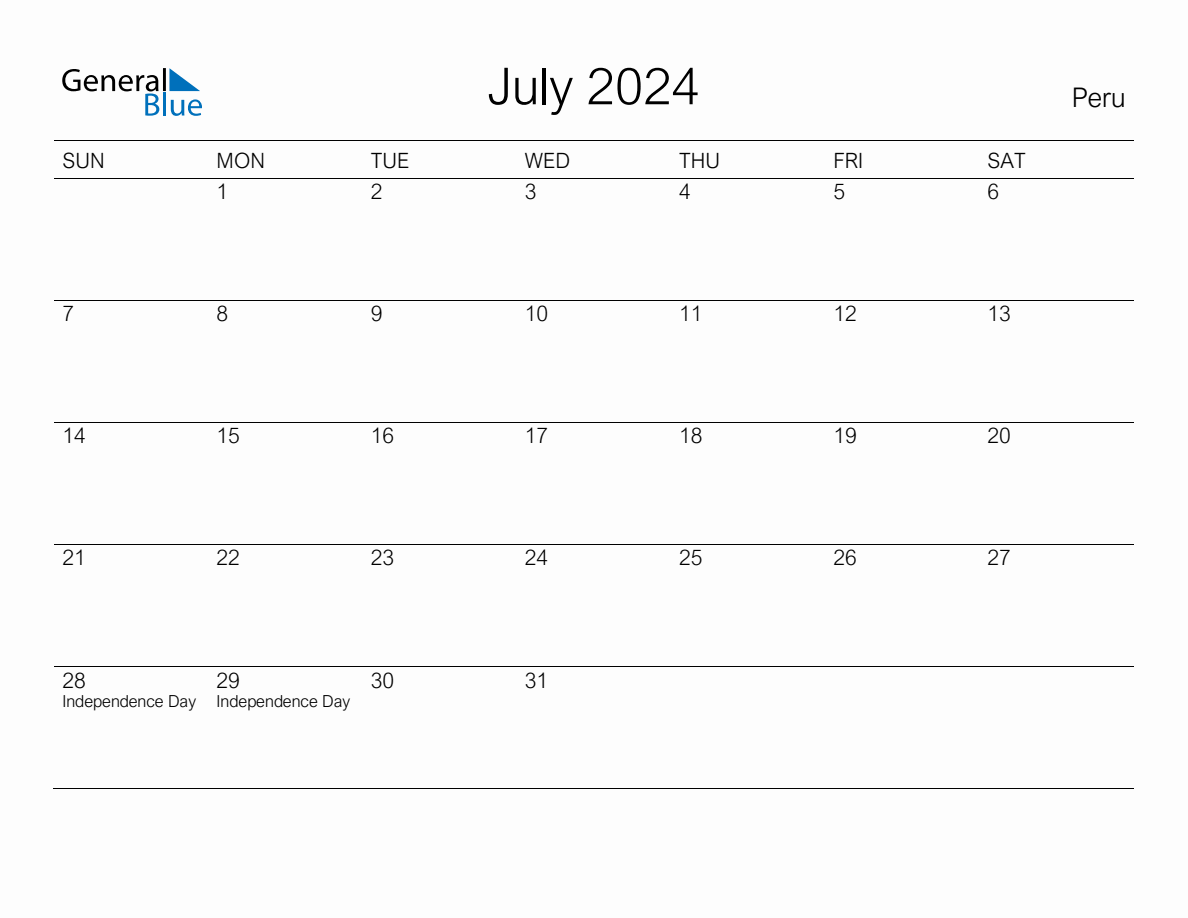 Printable July 2024 Monthly Calendar with Holidays for Peru