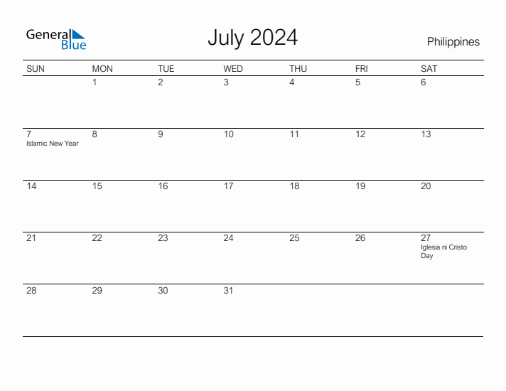 July 2024 Monthly Calendar with Philippines Holidays