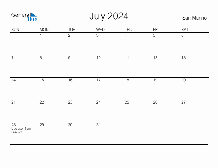 Printable July 2024 Calendar for San Marino