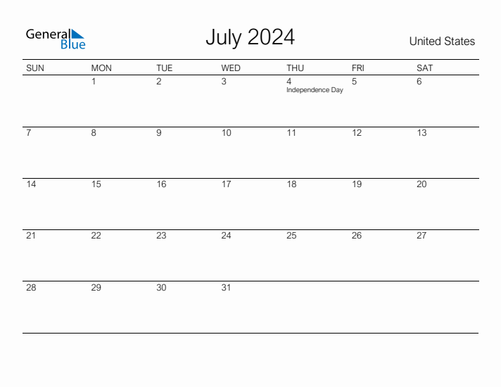 Printable July 2024 Calendar for United States