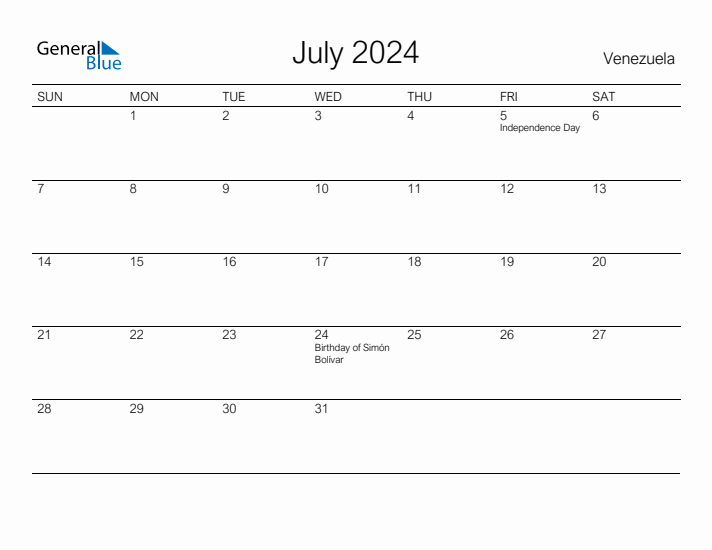Printable July 2024 Calendar for Venezuela