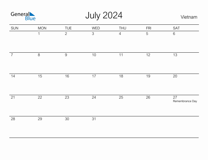 Printable July 2024 Calendar for Vietnam