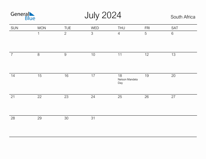 July 2024 Monthly Calendar with South Africa Holidays