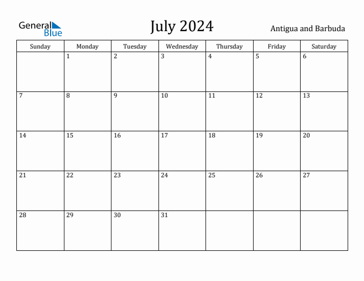 July 2024 Calendar Antigua and Barbuda