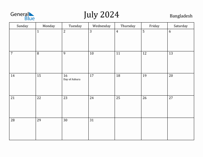 July 2024 Monthly Calendar with Bangladesh Holidays