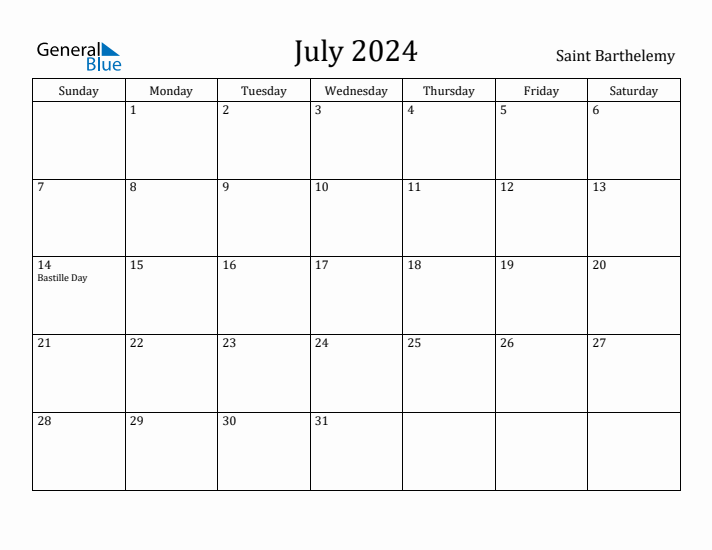 July 2024 Calendar Saint Barthelemy