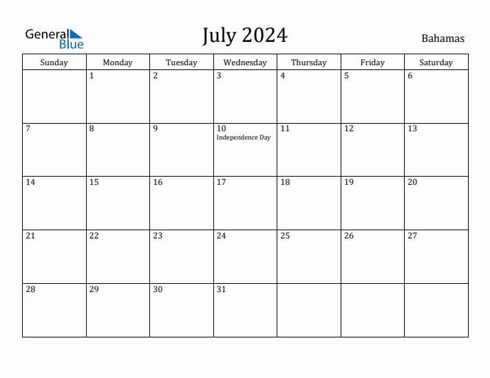 July 2024 Calendar Bahamas