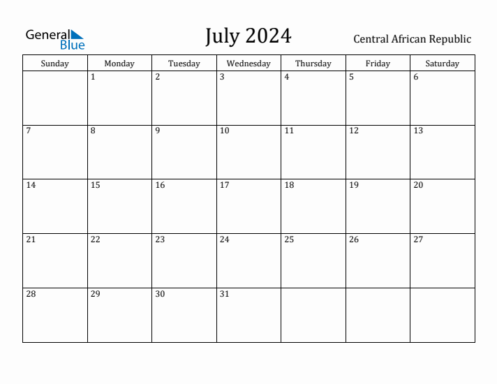 July 2024 Calendar Central African Republic
