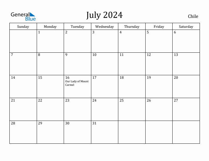 July 2024 Monthly Calendar with Chile Holidays