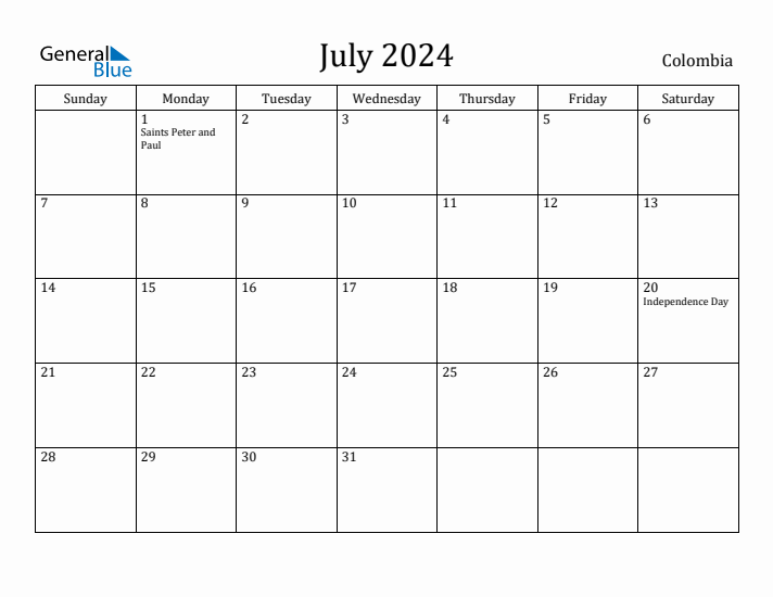 July 2024 Monthly Calendar with Colombia Holidays