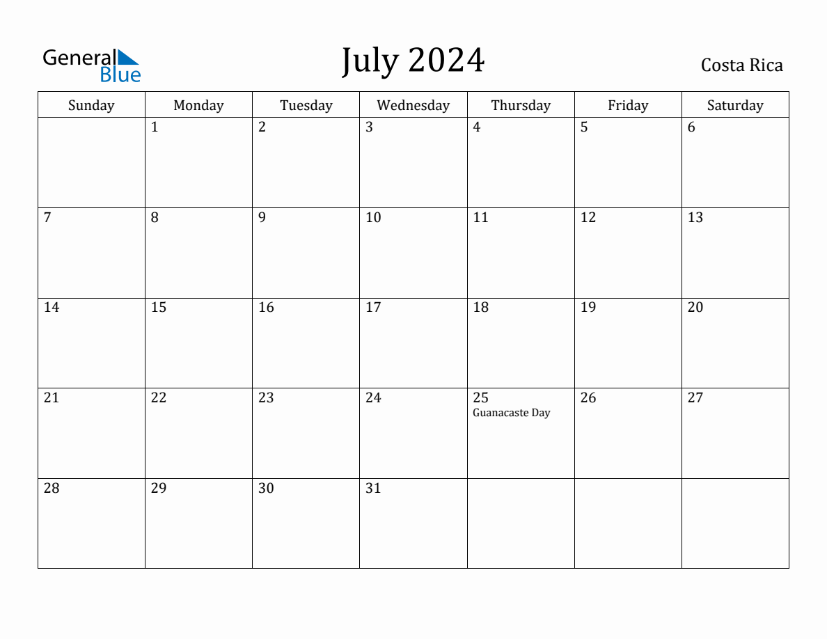 July 2024 Monthly Calendar with Costa Rica Holidays