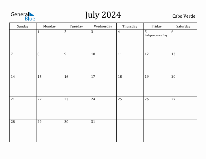 July 2024 Calendar Cabo Verde