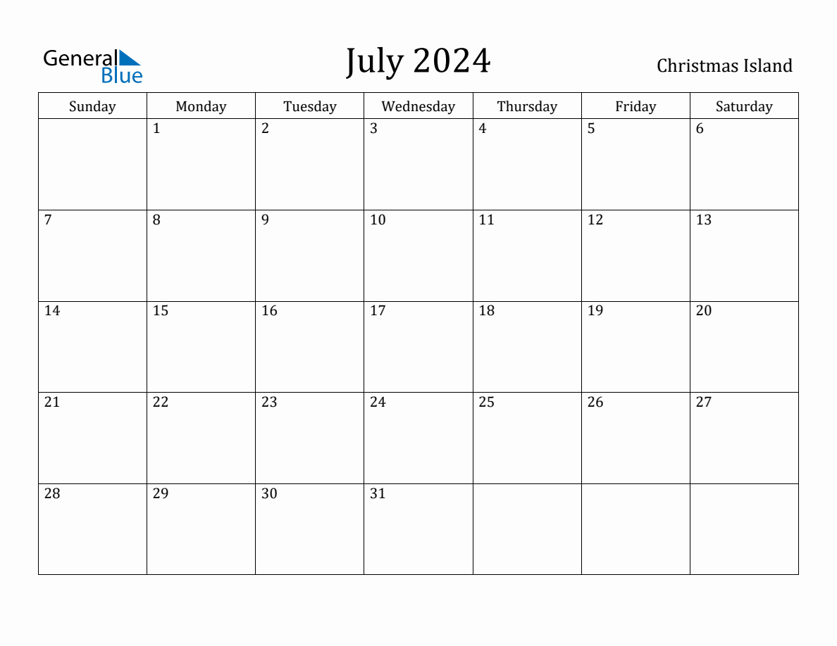 July 2024 Monthly Calendar with Christmas Island Holidays