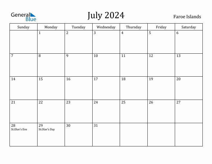 July 2024 Calendar Faroe Islands
