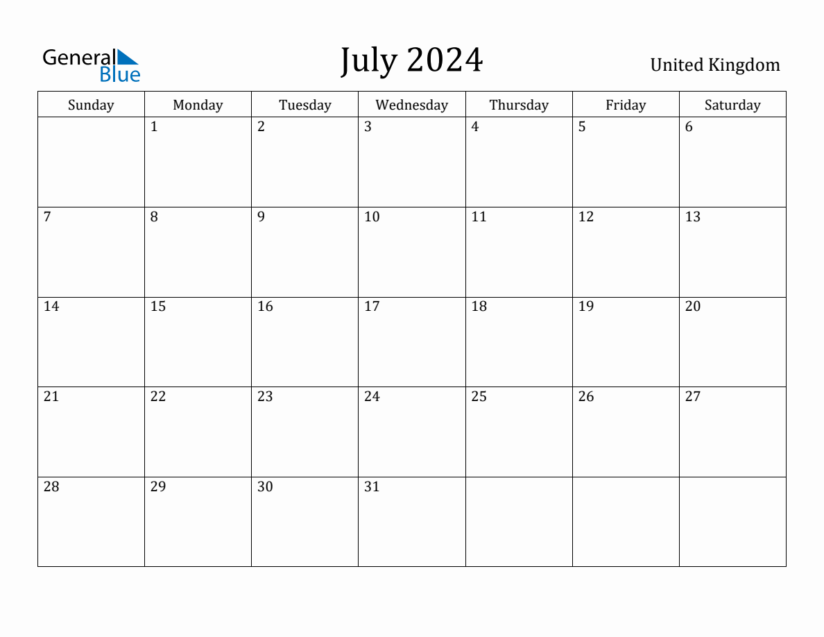 July 2024 monthly calendar with holidays in United Kingdom