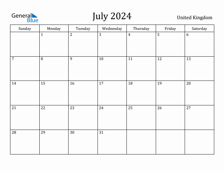 July 2024 Monthly Calendar with United Kingdom Holidays
