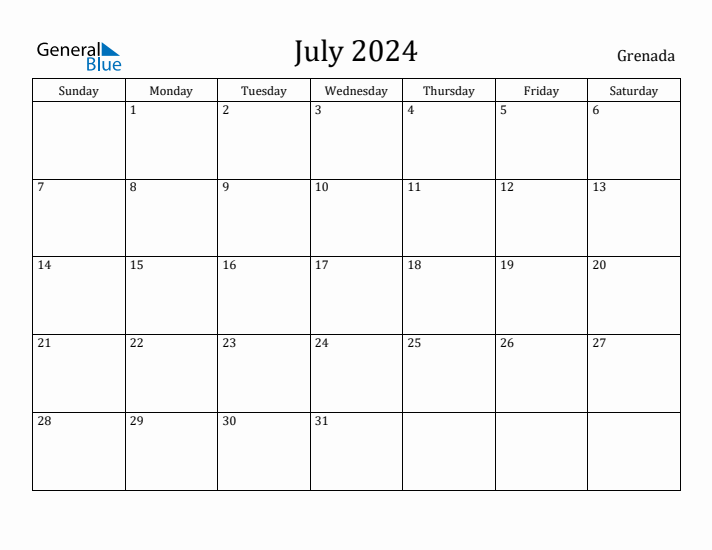 July 2024 Monthly Calendar with Grenada Holidays