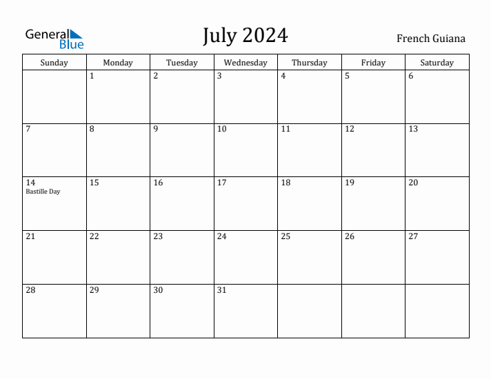 July 2024 Monthly Calendar with French Guiana Holidays