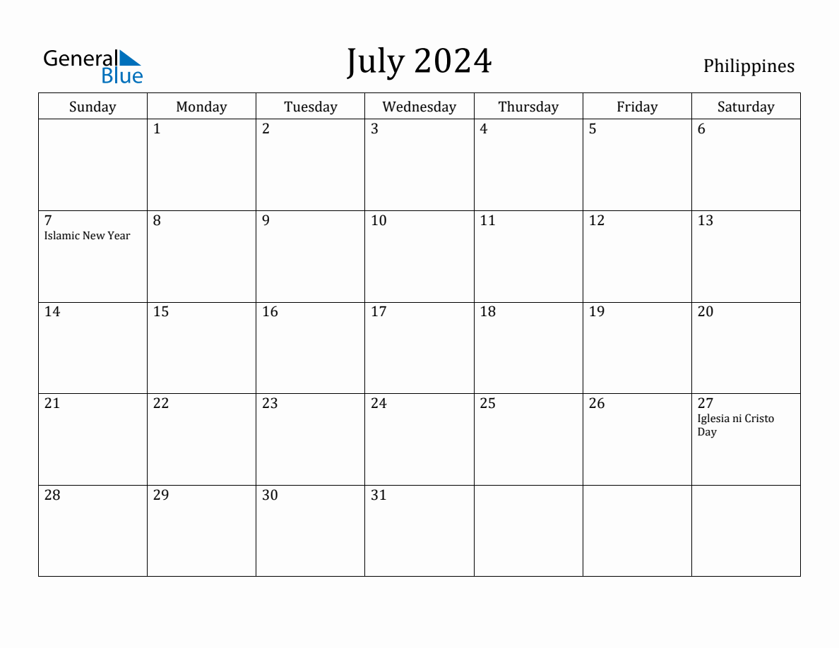 July 2024 monthly calendar with holidays in Philippines