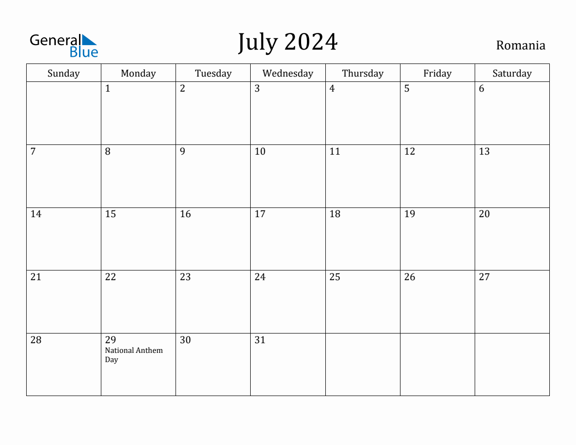 July 2024 Monthly Calendar with Romania Holidays