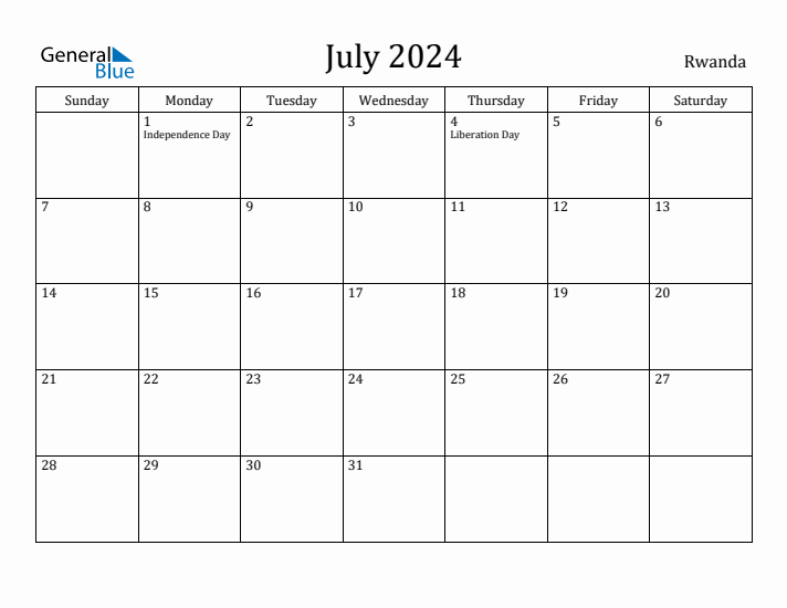 July 2024 Calendar Rwanda