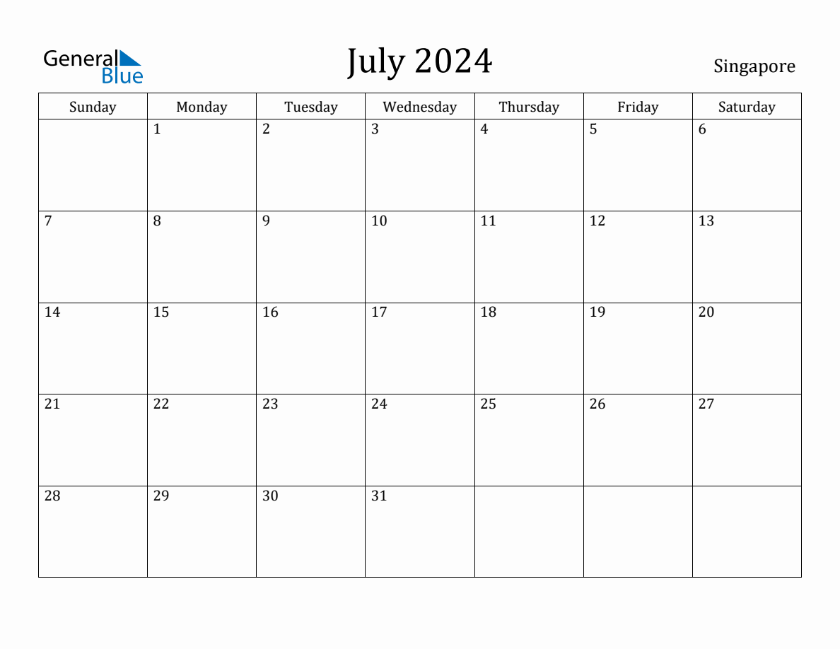 July 2024 monthly calendar with holidays in Singapore