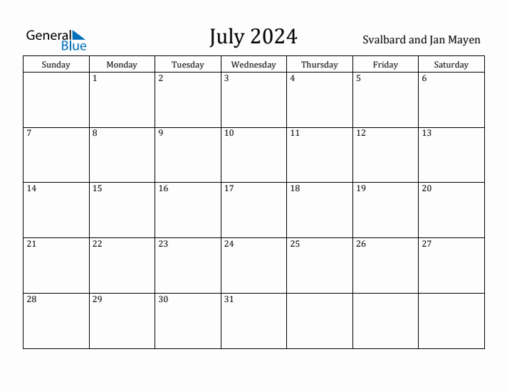 July 2024 Calendar Svalbard and Jan Mayen