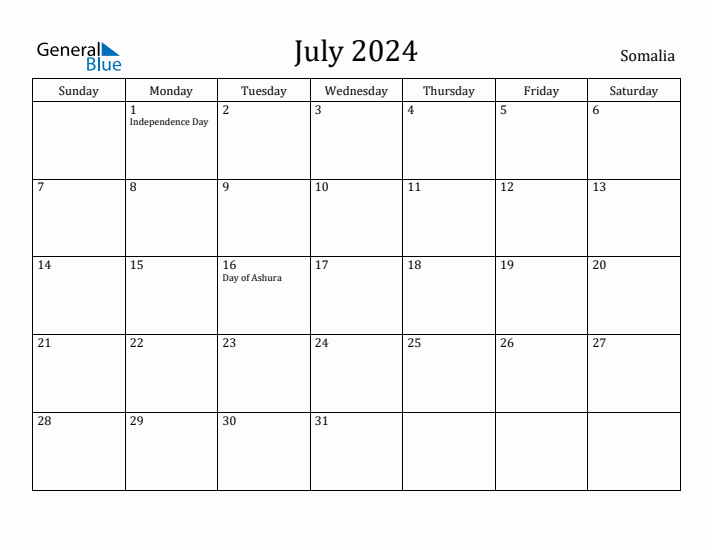 July 2024 Calendar Somalia