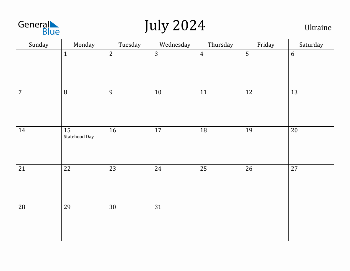 July 2024 Monthly Calendar with Ukraine Holidays