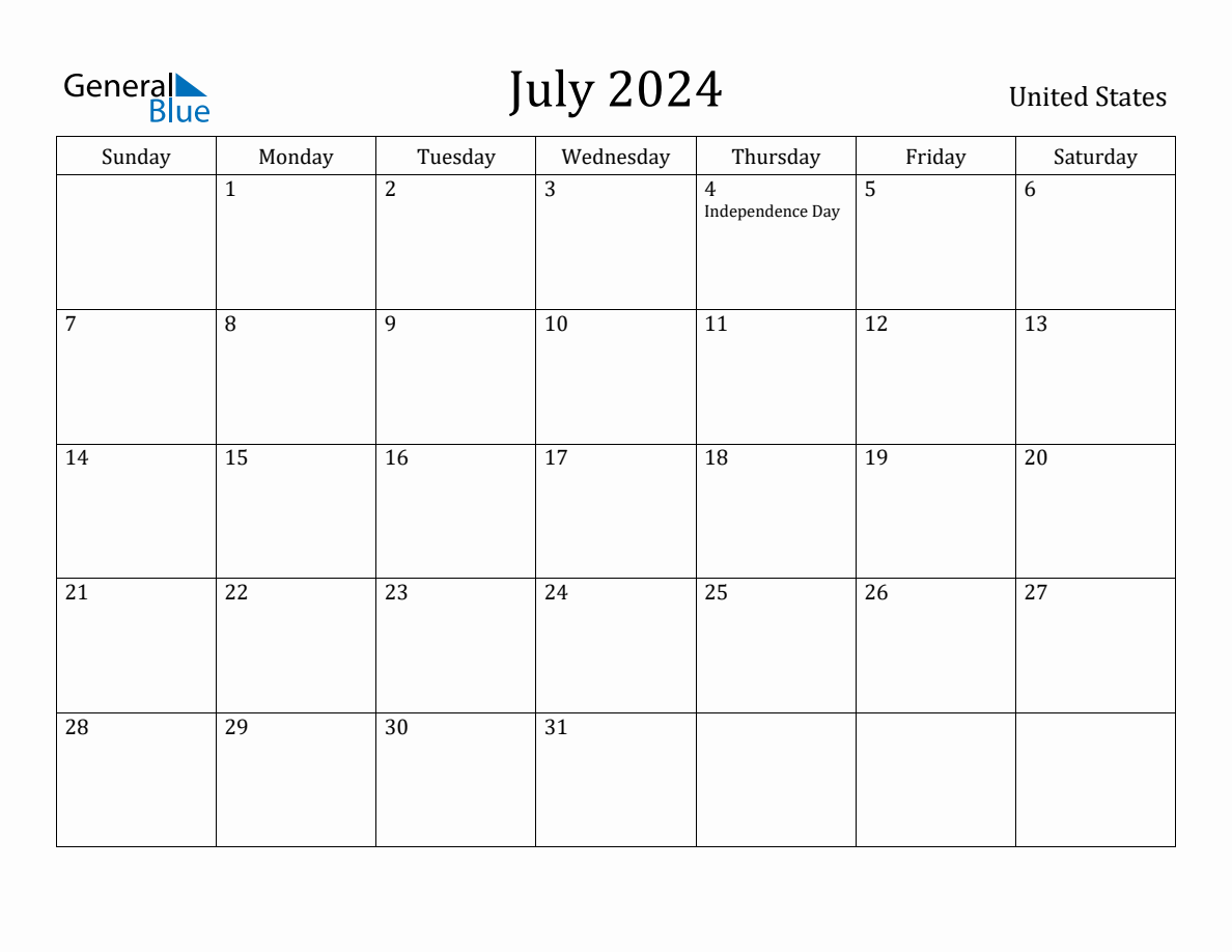 July 2024 monthly calendar with holidays in United States
