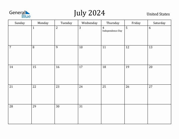 July 2024 Monthly Calendar with United States Holidays