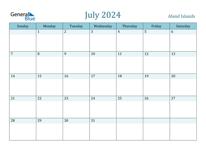 Aland Islands July 2024 Calendar with Holidays